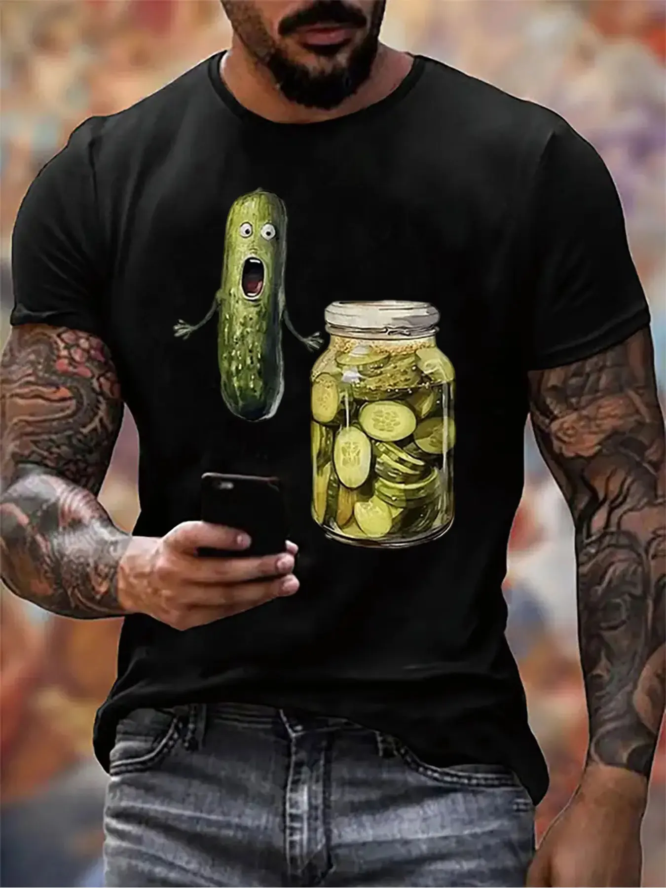 

Comfortable Pure Cotton Crew Neck Tee With Surprised Pickle And Jar Of Pickles Graphic For Thanksgiving Gifts