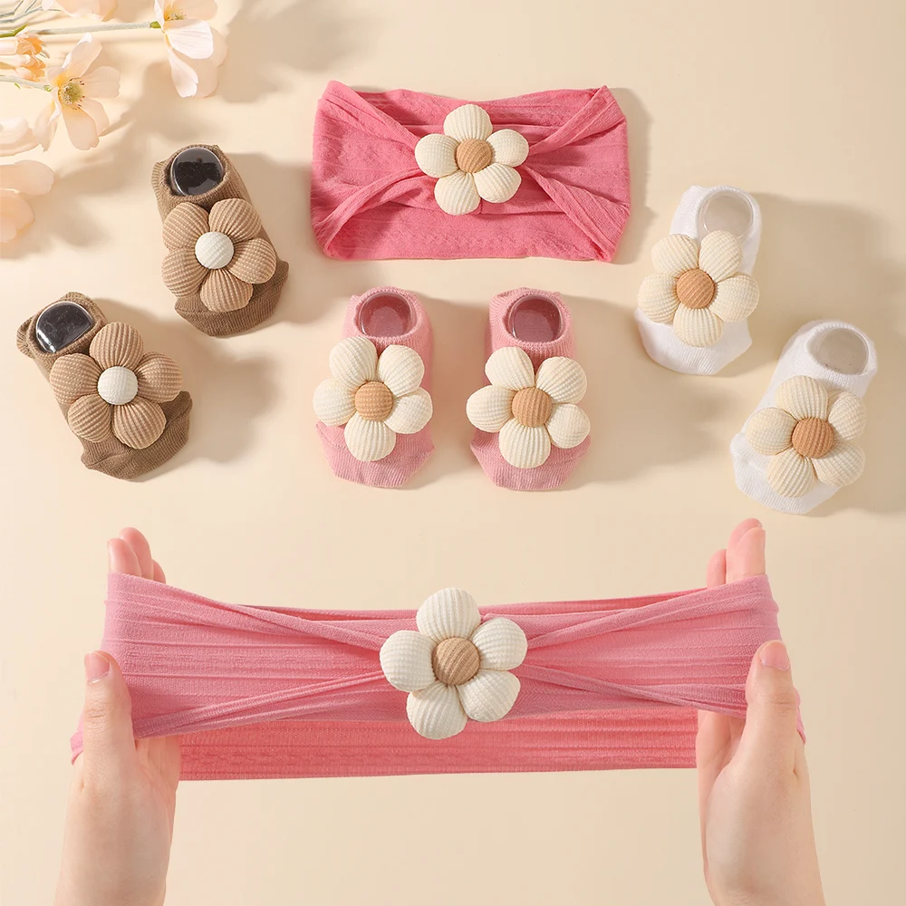 Kids Bows Headband Socks Set Lovely Cotton Flowers Headwear for Baby Girls No Harmful To Hair Gift Set