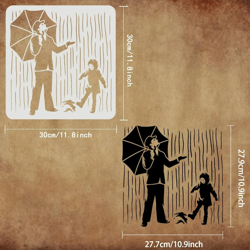 Banksy Stencil 11.8x11.8inch Reusable Banksy - Colorful Rain Stencil Man Under The Umbrella and Child Pattern Drawing Decoration