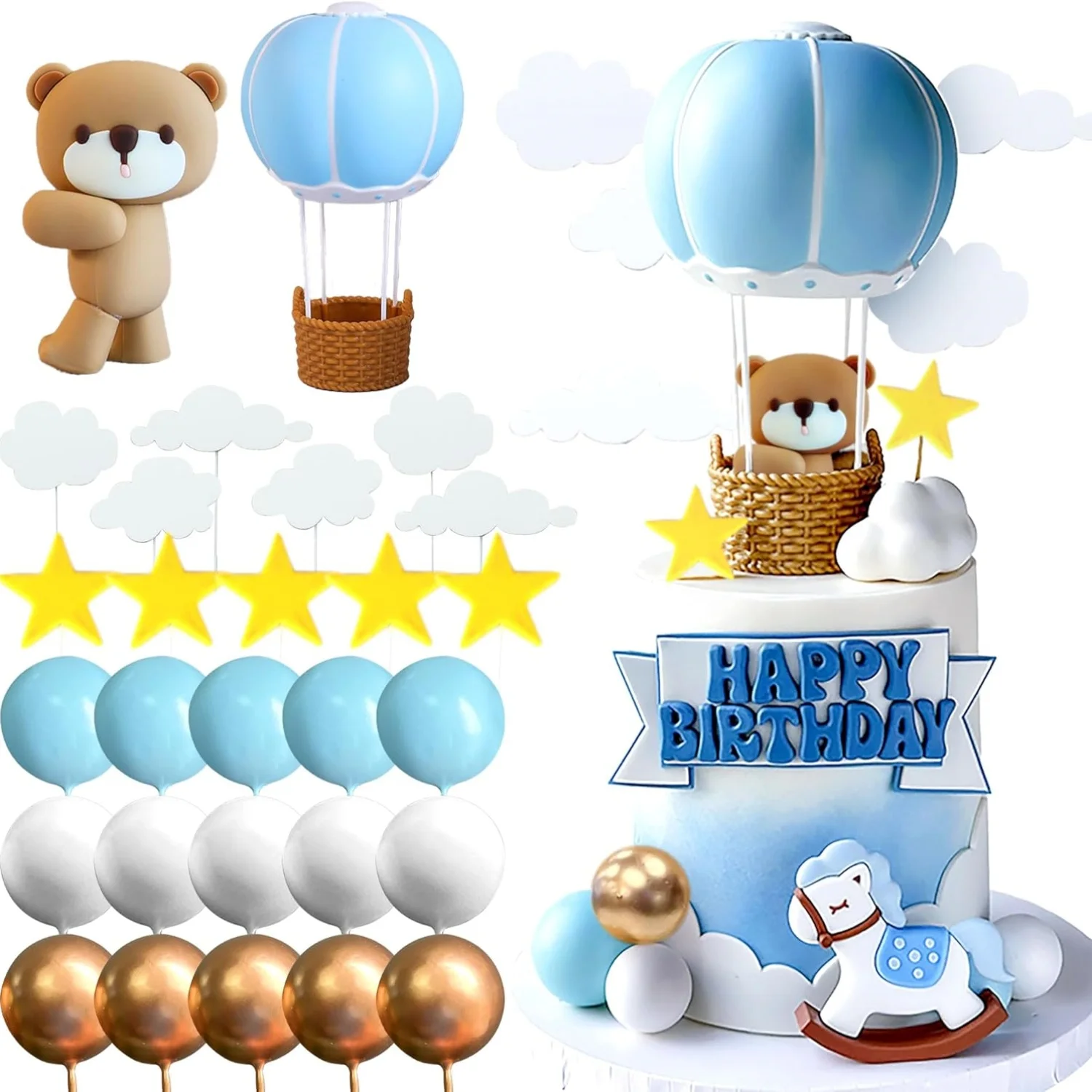 LaVenty Blue Pink Bear Cake Decoration Blue Gold Balls Cake Topper Hot Air Balloons Baby Shower Birthday Cake Decoration
