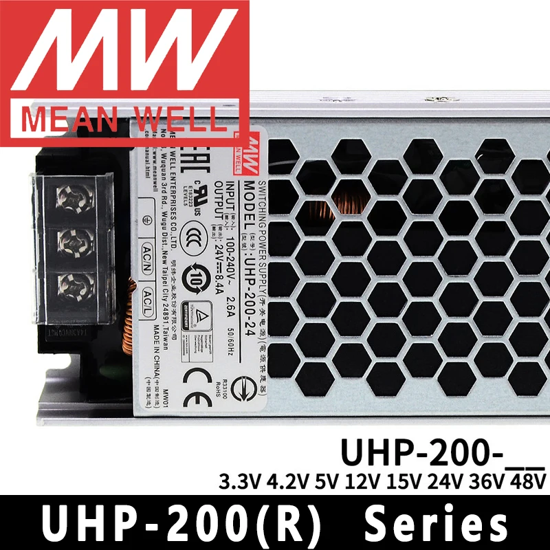 Mean Well UHP-200/200R-3.3/4.2/5/12/15/24/36/48/55 LED Power meanwell Fanless design 200W Slim Type PFC Switching Power Supply