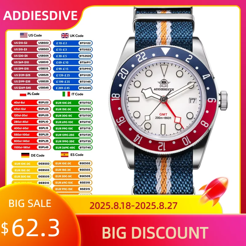 ADDIESDIVE NEW GMT Men's Diving Quartz Watch Fashion Dive 20ATM Waterproof Super Luminous Watches 39mm AD2044 Relogio Masculino