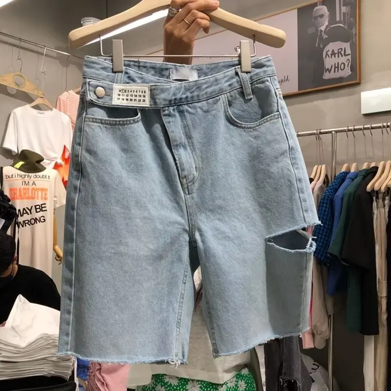 หลวมขากว้างเอวสูงห้าความยาว DENIM orts สําหรับผู้หญิงขนาด PLUS ฤดูร้อนสบายๆ Sle ฉีกขาดออกแบบกางเกงยีนส์ orts