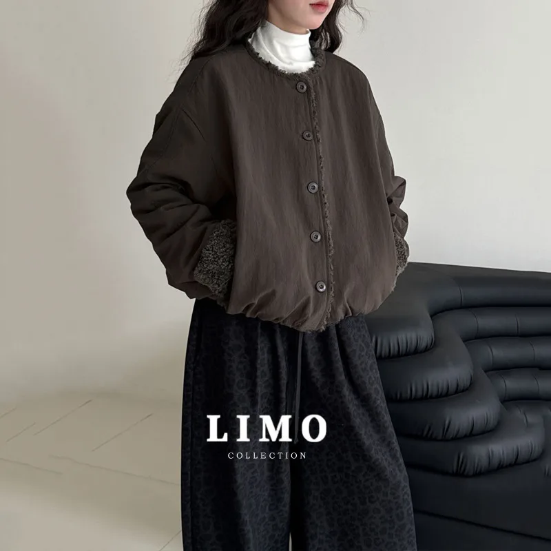 

LIMO 2025 модная винтажная стеганая короткая куртка из овечьей шерсти, женское хлопковое нейлоновое пальто на осень-зиму, повседневная уличная одежда