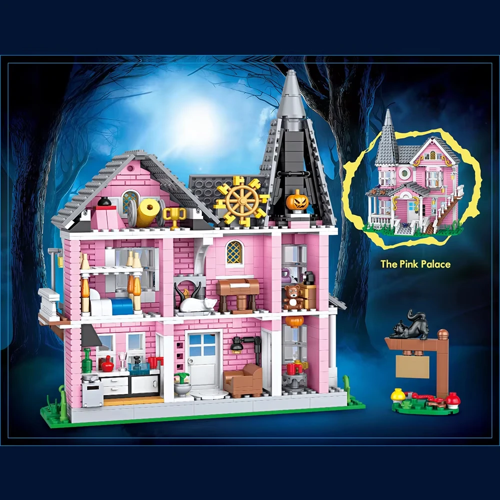 958PCS MOC Pink Castle Apartment Building Blocks,House Model with Cat Windmill,Creative Construction Toy,Birthday Gift for Girls
