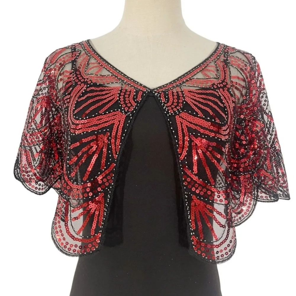 معطف معطف مزين بالترتر المكشكش المتلألئ شبكي مزين بالترتر شالات مجوفة 1920s موضوع كيب قصير شيونغسام