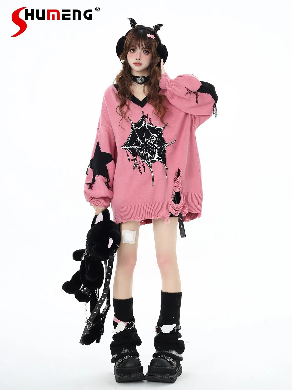 Japanese Subculture Harajuku Dark Sweet Cool Y2K Knitted Sweater V-neck Long Sleeve Loose Ripped Knitwear Pullovers Women Autumn