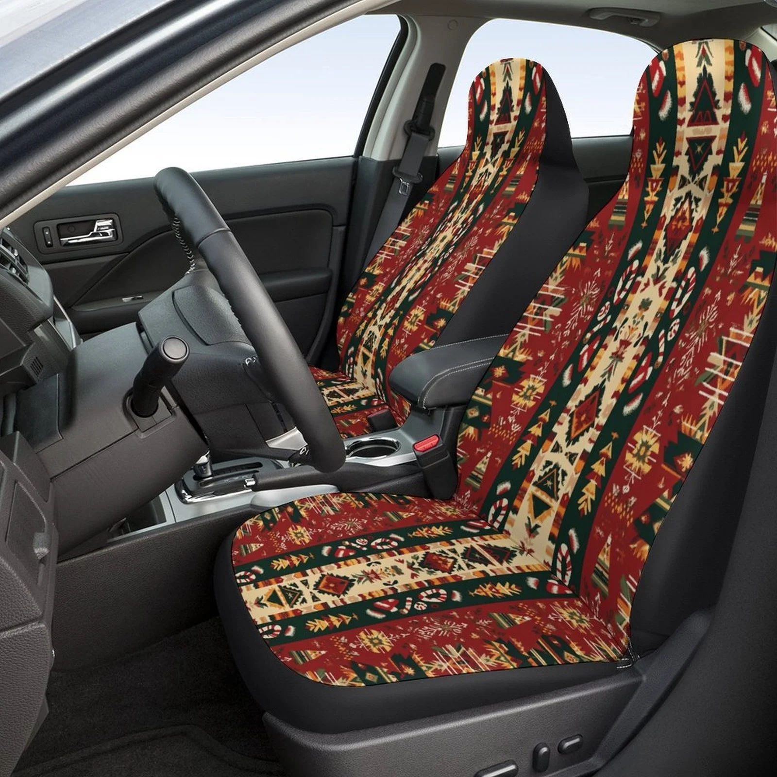 Set Of Car Seat Covers Featuring A Christmas Design, Suitable For Various Vehicles. Stylish And Durable, This Complete Set Inclu