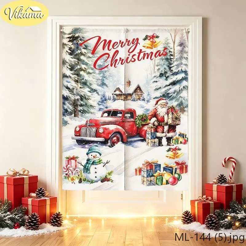 Snow Scene Christmas Door Curtain Santa Claus Truck Design Hanging Door Cover Holiday Home Decor Winter Xmas New Year Navidad