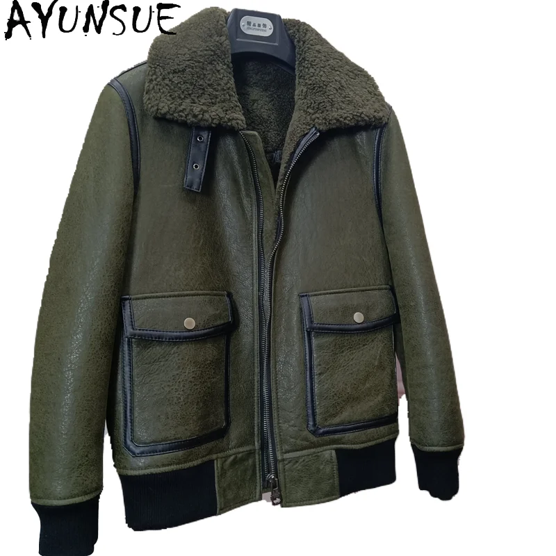 AYUNSUE Warm Natural Fur Coat Men Winter Casual Genuine Sheepskin Leather Jackets Man Fashion Green Fur Coats Male Clothing 2025