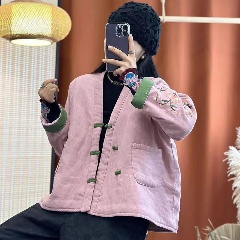 Women's Fall Winter Tops Coat Cotton Coat Embroidery Plate Button Linen Literary Retro Leisure Soft Comfortable Versatile Niche