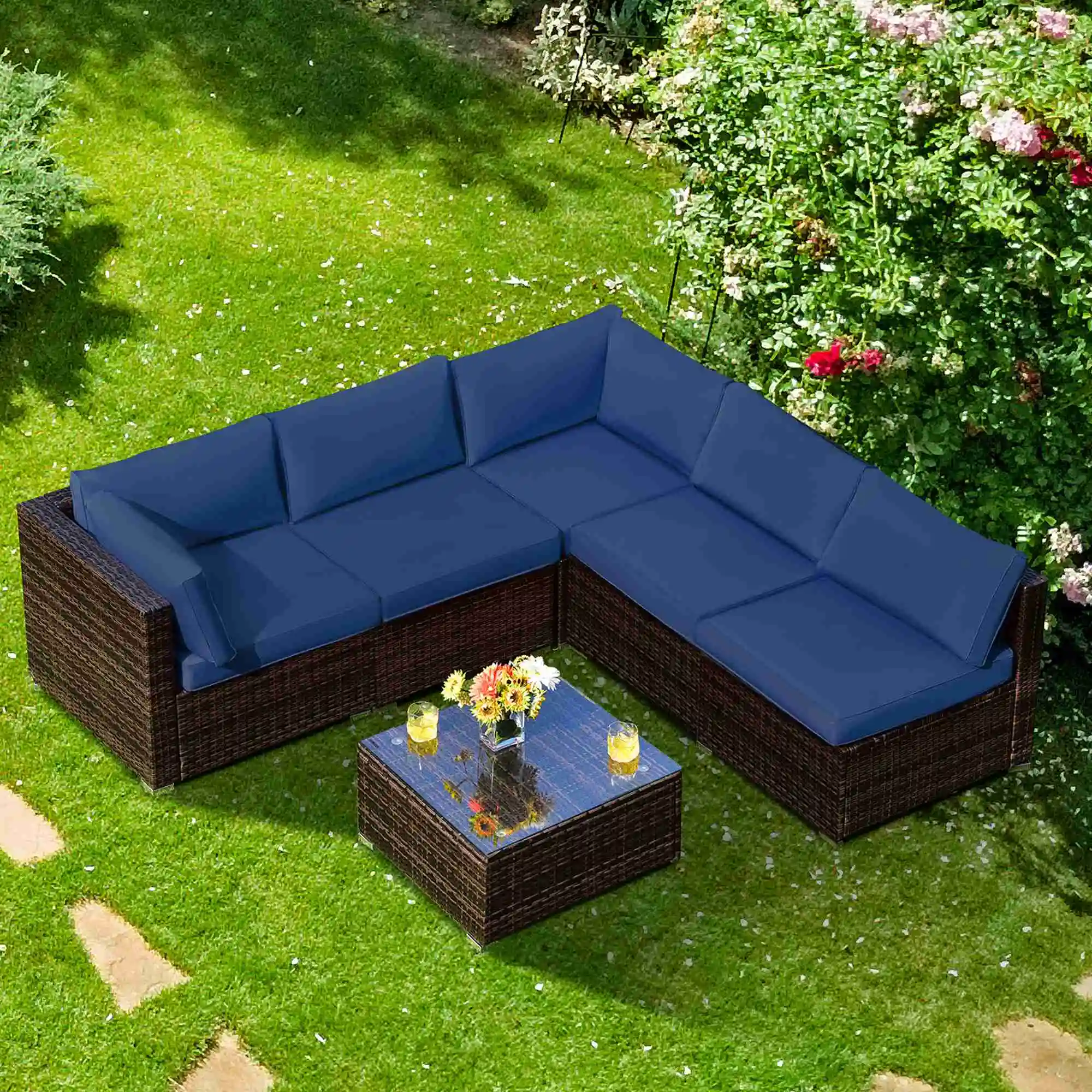 

6PCS Patio Rattan Furniture Set Cushioned Sofa Coffee Table Navy