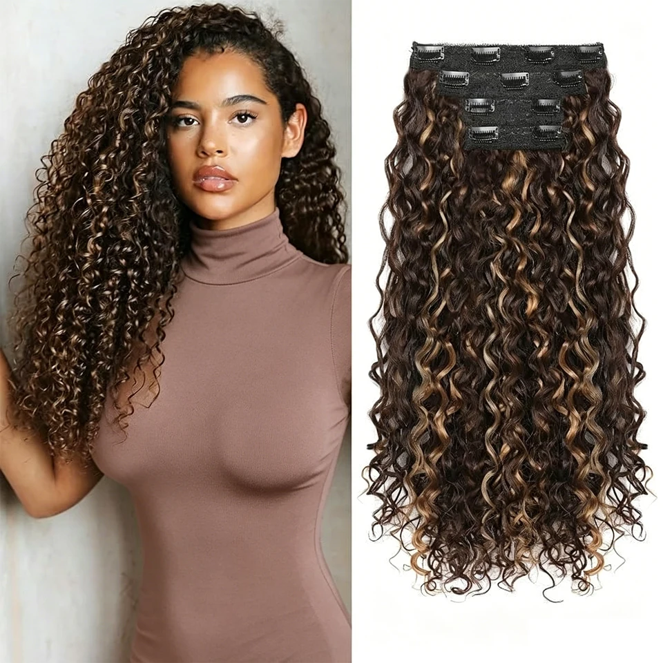 Sintético Kinky Rizado Clip en Extensiones de Cabello Esponjoso Despeinado Resistente al Calor Fibra Negro Rubio Extensiones de Cabello para Mujeres