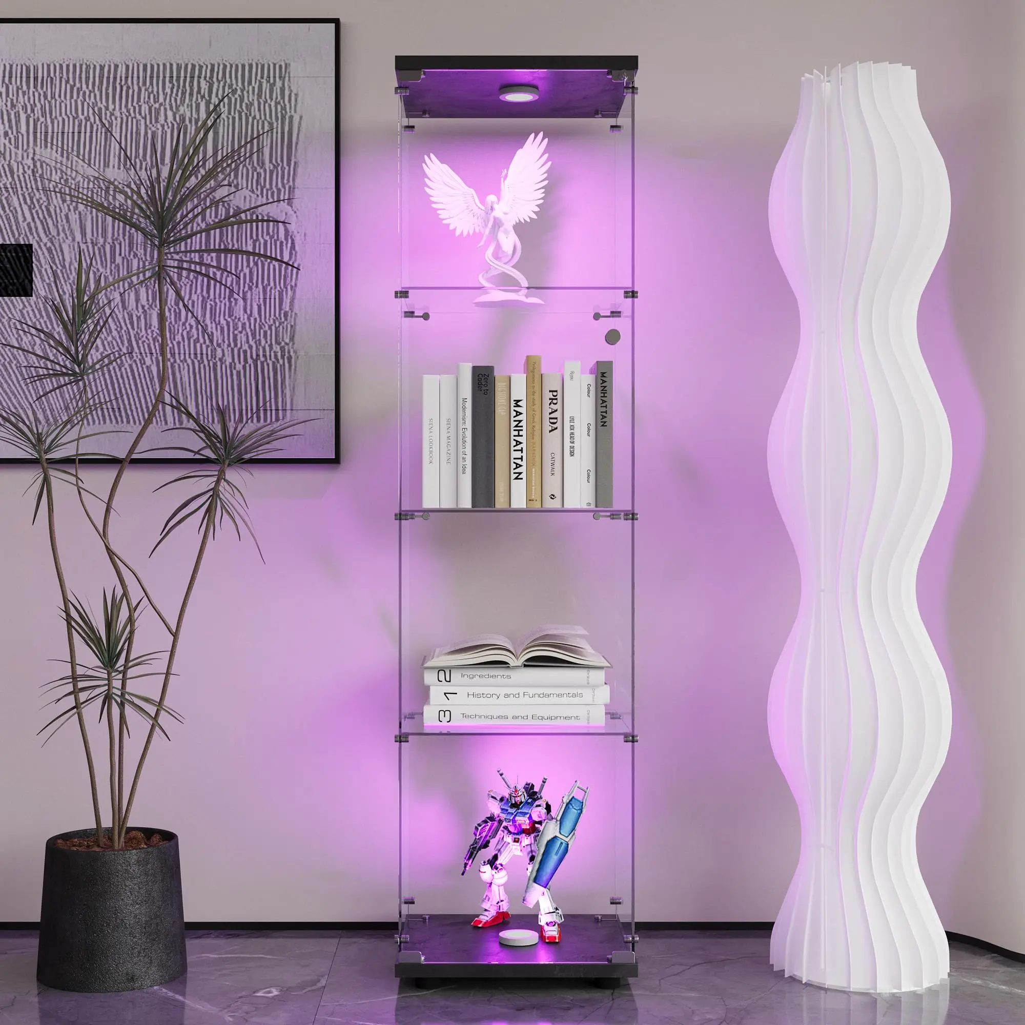 4 Shelves Glass Display Cabinet with LED Light and Door, Floor Standing Clear Glass Curio Cabinet Collection for Living