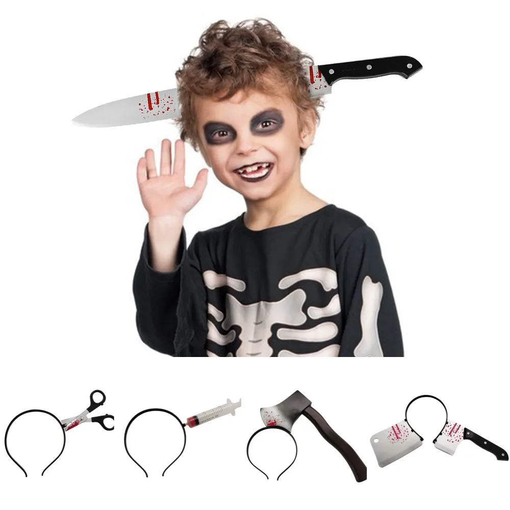 Funny Halloween Cosplay Headband Fake Plastic Axe Knife Scissors Head Accessories for Diy Halloween Party Decorations Supplies