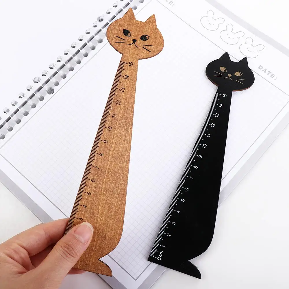 15cm/5.9inch Portable Household Wooden Cartoon Cat Cute Sewing Ruler Student Tools Drawing Ruler Straight Ruler