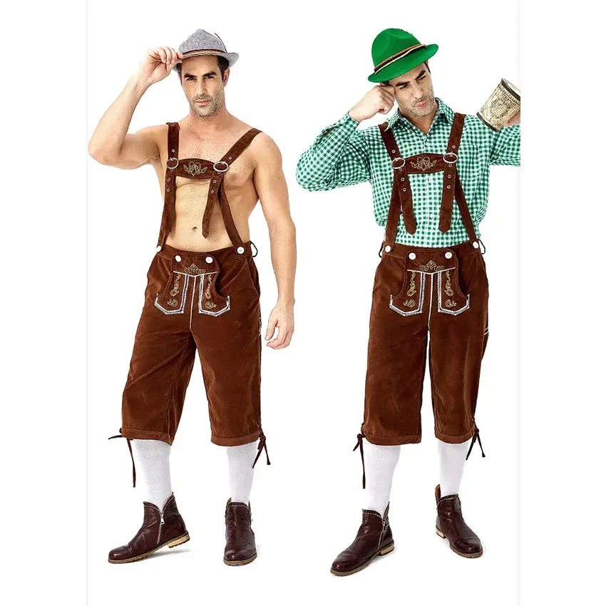 เสื้อเชิ้ตลายสก๊อตผู้ชาย Oktoberfest แบบดั้งเดิมของเยอรมันชุดหลวมและหมวกปัก