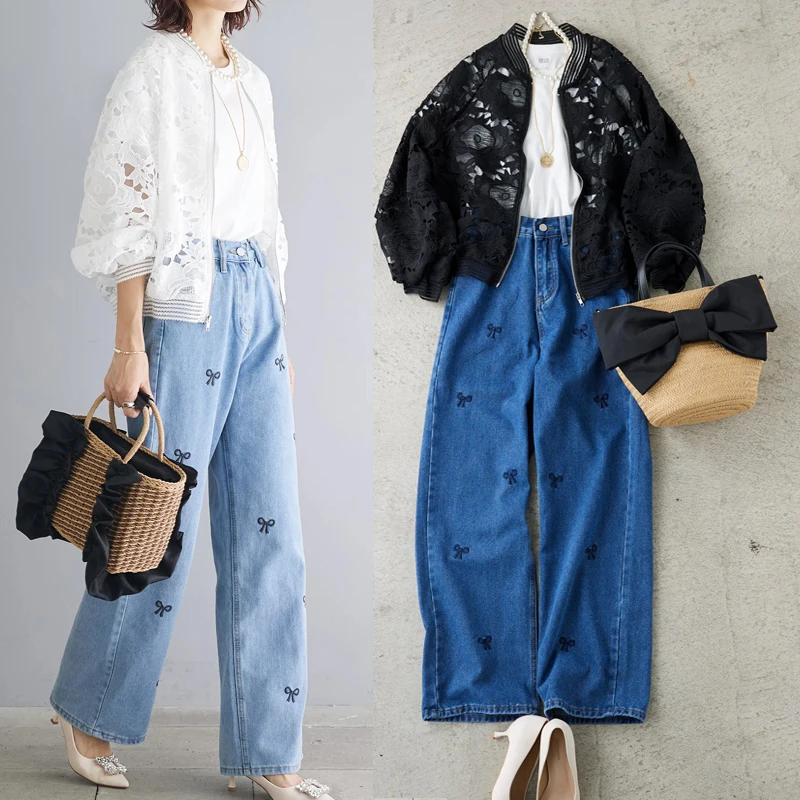 Bow Embroidery Washed Denim Jeans Women American Style New High Waisted Slim Letter Embroidered Wide Leg Pants Straight Trousers