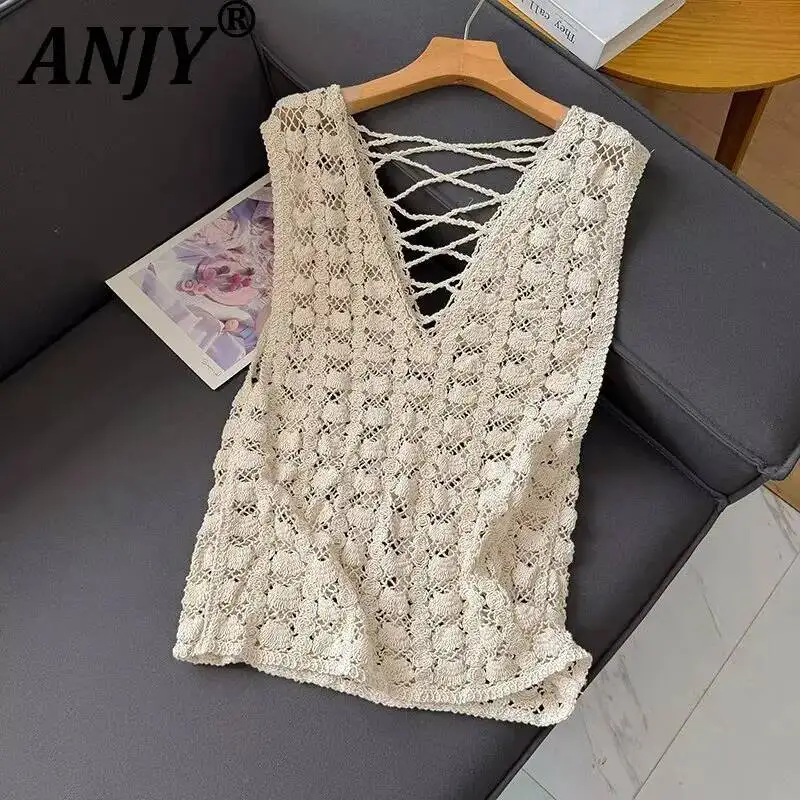 

ANJY Summer New Women Vacation Style Solid Color Hollow Out V-Neck Design Niche Vest Trendy Fashion Ins Knitted Waistcoat A24556