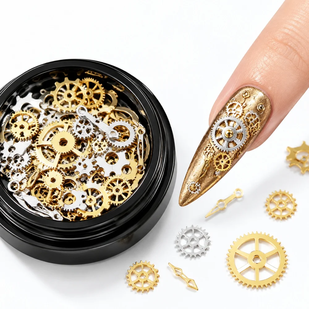 120Pcs Punk Mechanical Nail Charms Gold Silver Gears Cogs Clock Watch Hands Screws Alloy Rivet 3D Nail Studs Manicure Supplies