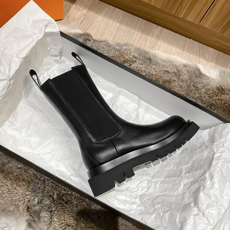 Botas clásicas Chelsea para mujer, Botines negros con plataforma de cuero genuino, botas cortas sin cordones y banda elástica,