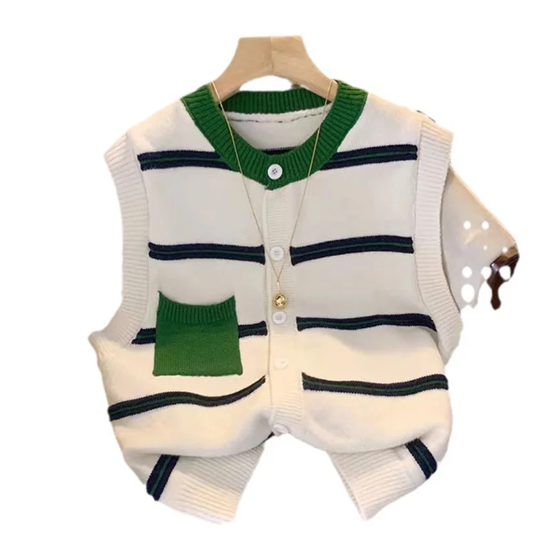 Striped Round Neck Knitted Sweater Cardigan Women\'s Loose Colored Sleeveless Vest Top Single Breasted Fashion Pocket Jacket