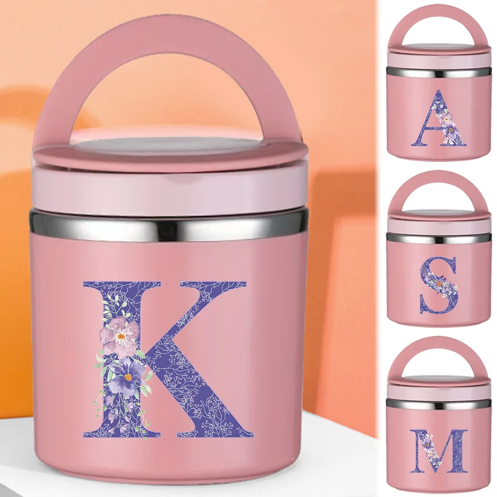 

New Thermal Jar Insulated Soup Cup Children Worker Lunch Box Portable Purple Flower Letter Series Camping Picnic Bento Lunch Box