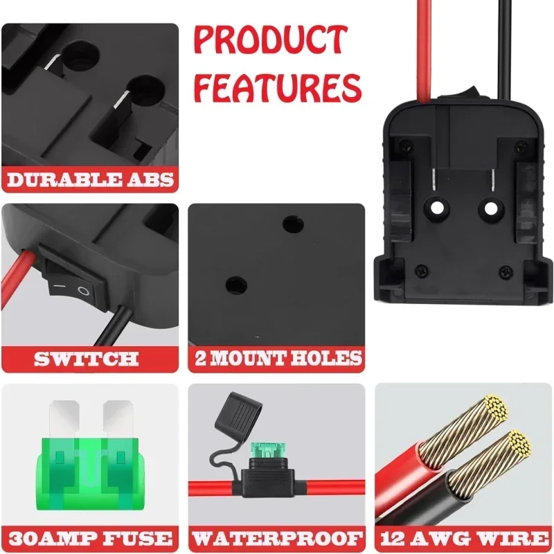 DIY Battery Adapter for Milwaukee 18V Battery 48-11-1815 48-11-1850 Converter Kit with Switch Fuses & Wire Terminals 12AWG Wire