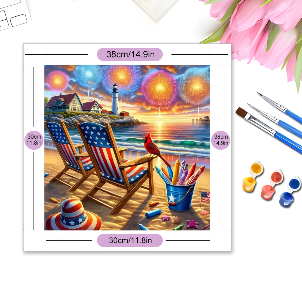 Evershine Oil Painting House Landscape Colorful Canvas Drawing By Numbers Beach Fireworks Design For Adult Beginners Wall Decor