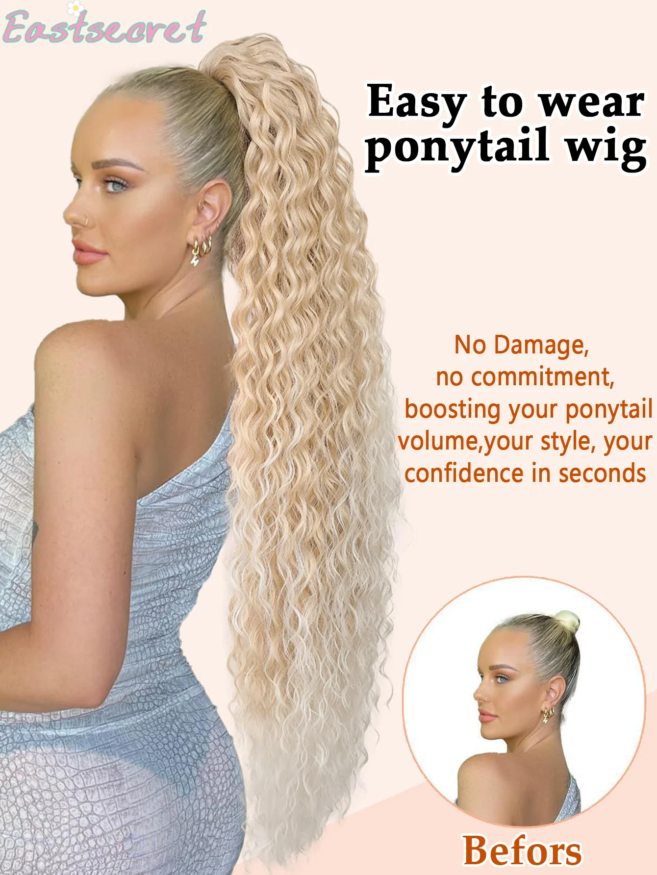 EAST 36 inch Drawstring Ponytail Extension Synthetic Black Long Lightweight Full Natural Curly Fake Tail Multi Layered Hairpiece
