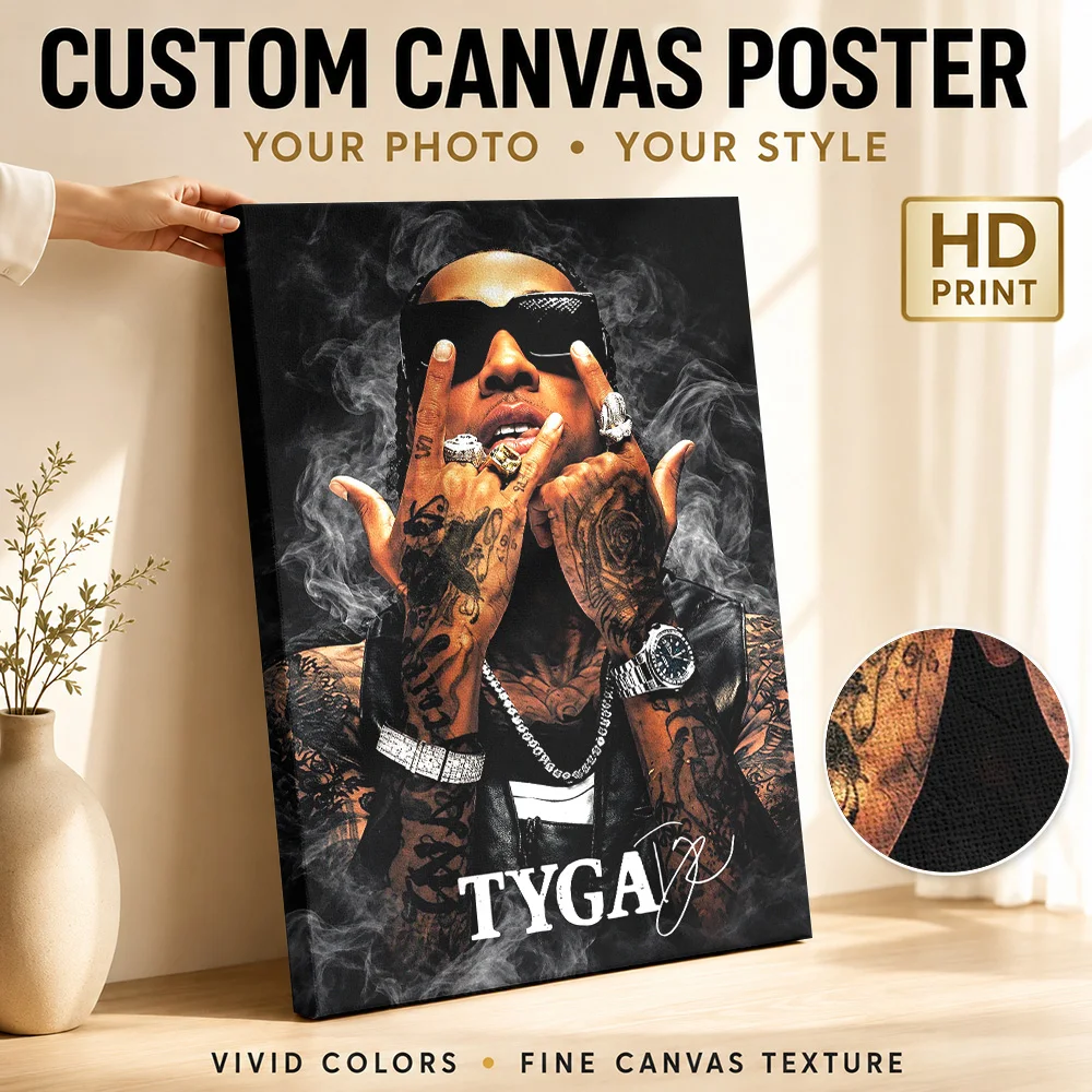 Tyga Portrait With Smoke Effect Framed Canvas Poster Personalized Photo Contemporary Wall Art For Record Shop Listening Area