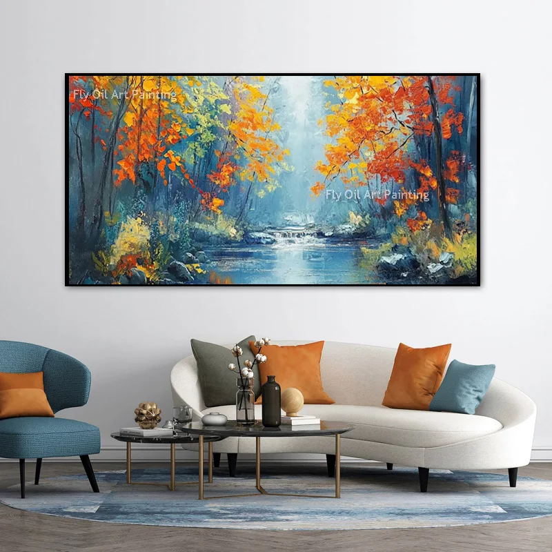 Blue Orange Autumn Season Forest Canvas Wall Art New Original Grey Yellow Tree Landscape Oil Painting For Living Room Decor