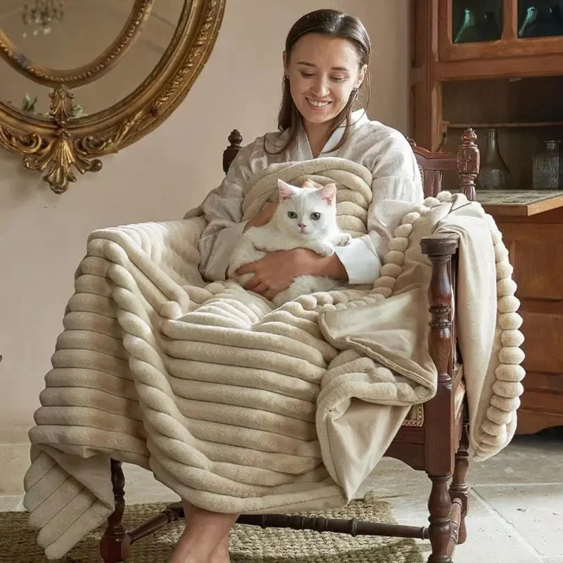 Warm Blanket Double Layer Flannel Winter Throws Plush Bedspread Soft Sofa Cover for Airplane Home Office Break Sleeping Nap