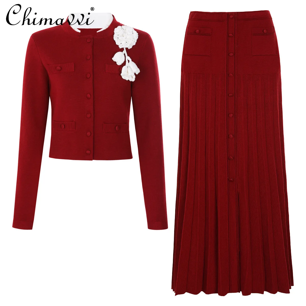 

2025 Spring and Autumn New Fashion Knitted Long Sleeve Top Jacket High Waist Pleated Skirt Set Elegant Two-Piece Set Women