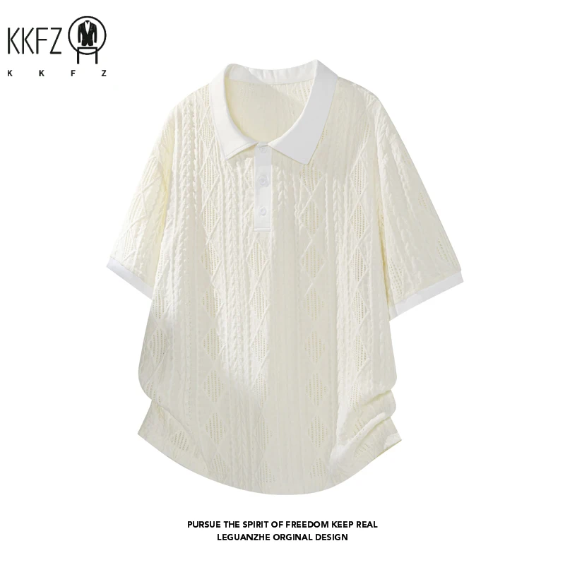 Men Lapel Collar Polo Short Sleeve Top Rhombus Jacquard Weave Partial Button Closure For Youth Casual Street Fashion Style