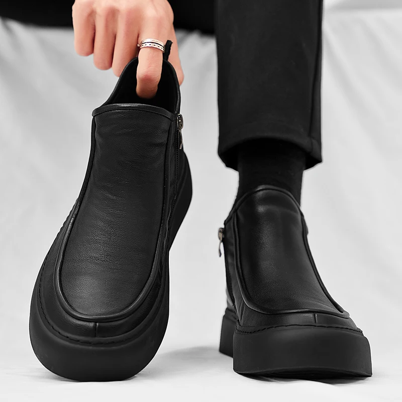 

Мужская обувь, мужские кожаные высокие мотоциклетные ботинки, удобная нескользящая уличная одежда, удобная повседневная обувь, модные черные мужские ботинки