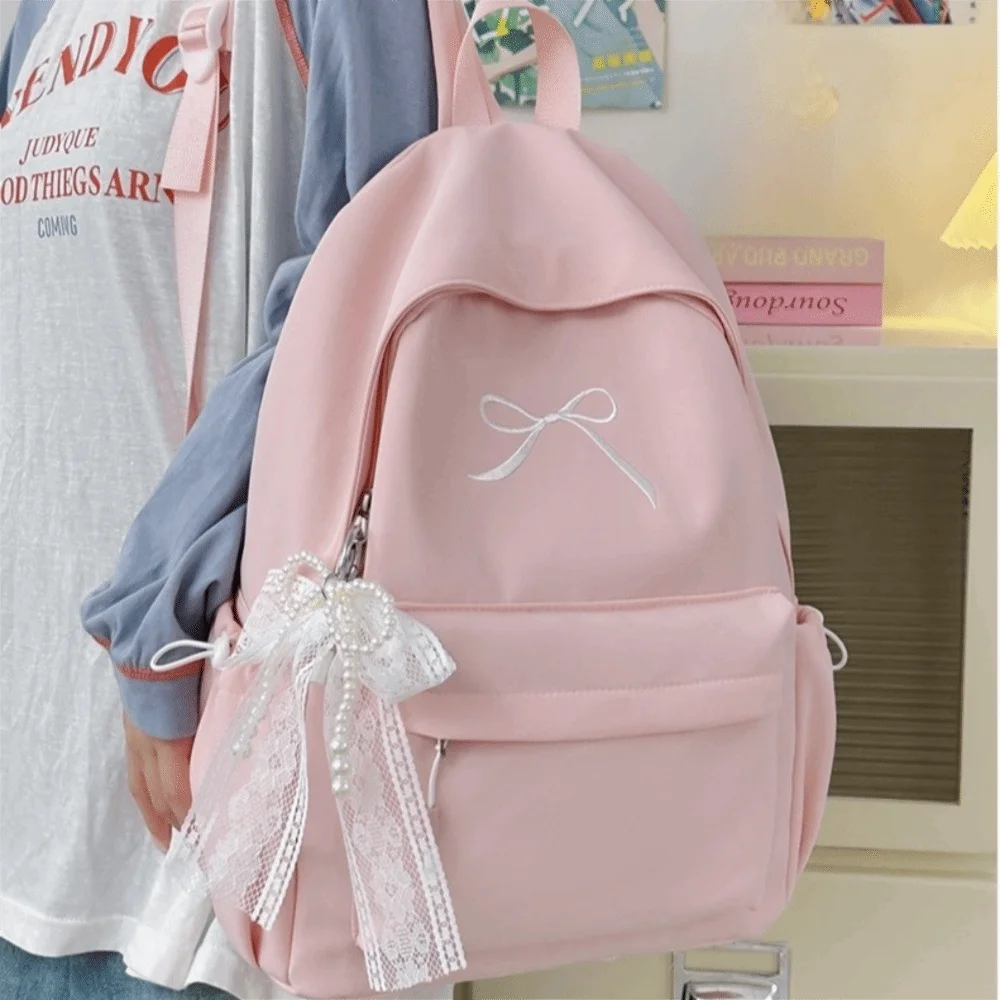 Cute Embroidered Bow Girls Backpack Nylon Large Capacity Students Schoolbag Lightweight Solid Color Travel Rucksack