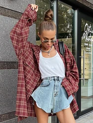 2022 Autumn Winter Women Casual Long Sleeve Ladies Tops Loose Fit Oversized Plaid Blouse Long Shirt For Woman