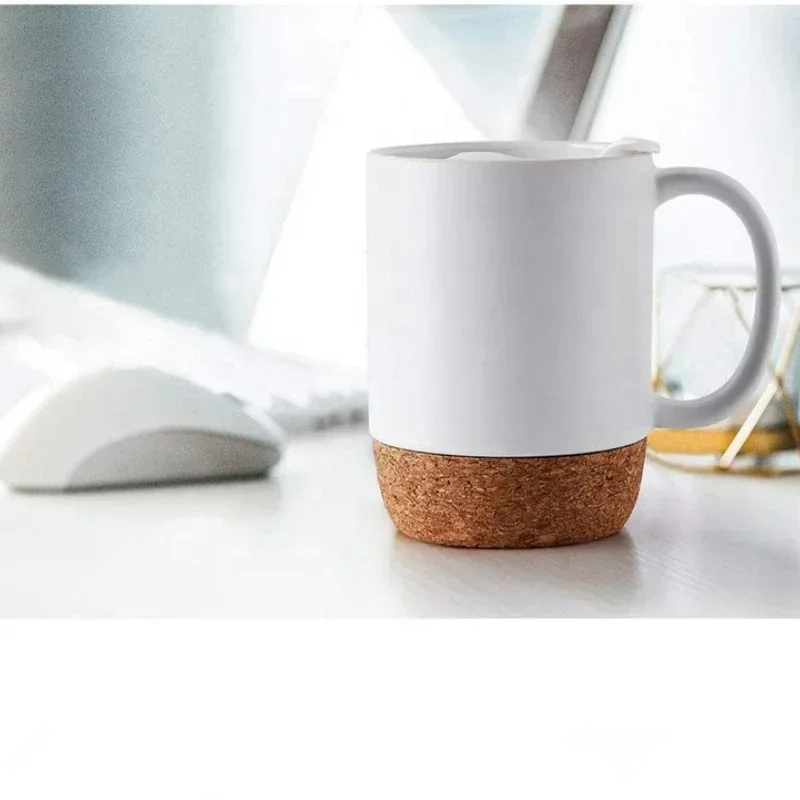 15oz Sublimation Blank Ceramic Coffee Mug, Matte White & Black Cup with Cork Base, Creative Kitchen Drinkware for Tea & Coffee