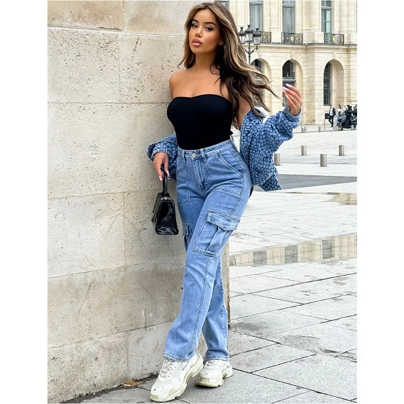 Cargo Denim Pants Casual Workwear Jeans Multi-Bag Straight-Leg Trend Y2g Style Jeans Women Streetwear High Waist Denim Trousers