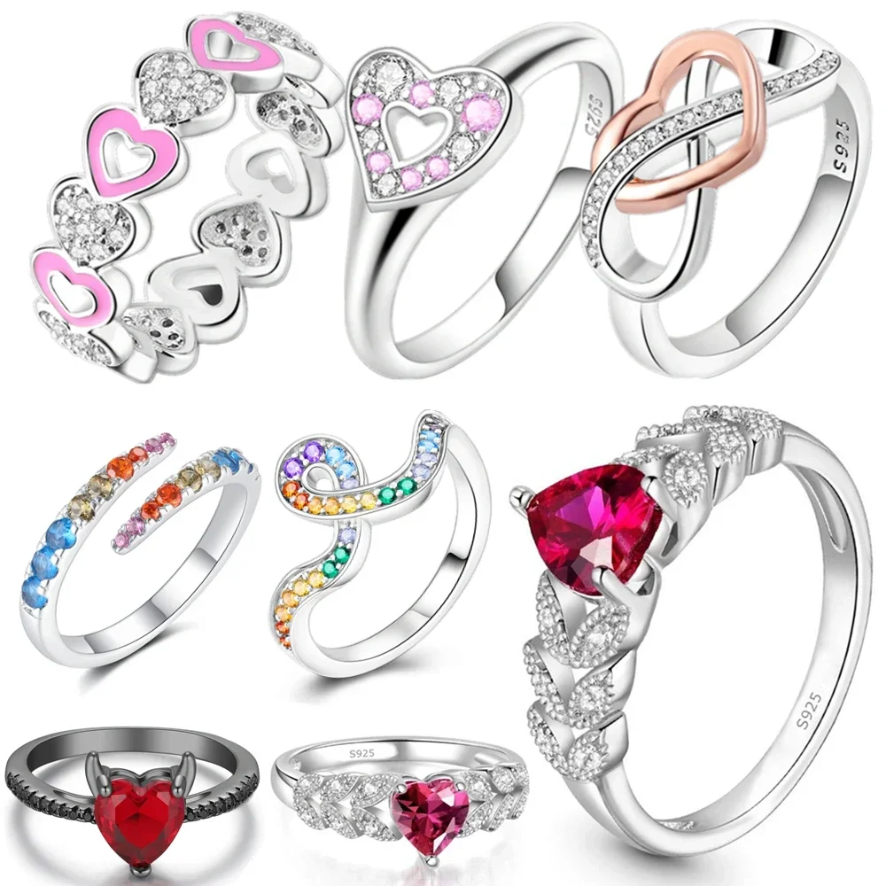 925 Silver Elevated Red Heart Ring for Women Zircon Design Original Sparkling  Zircon Rings Festival Jewelry Gift