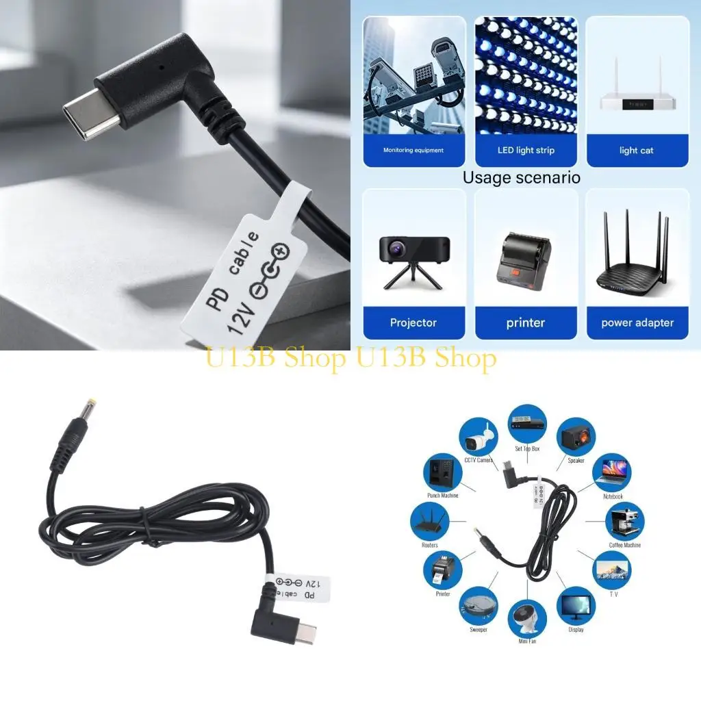 U13B USB C to DC4017 12V Cable, Center Positive 3A 36W 1M Cord for Daily Charging and Cleaner Cable Direction in Home Office