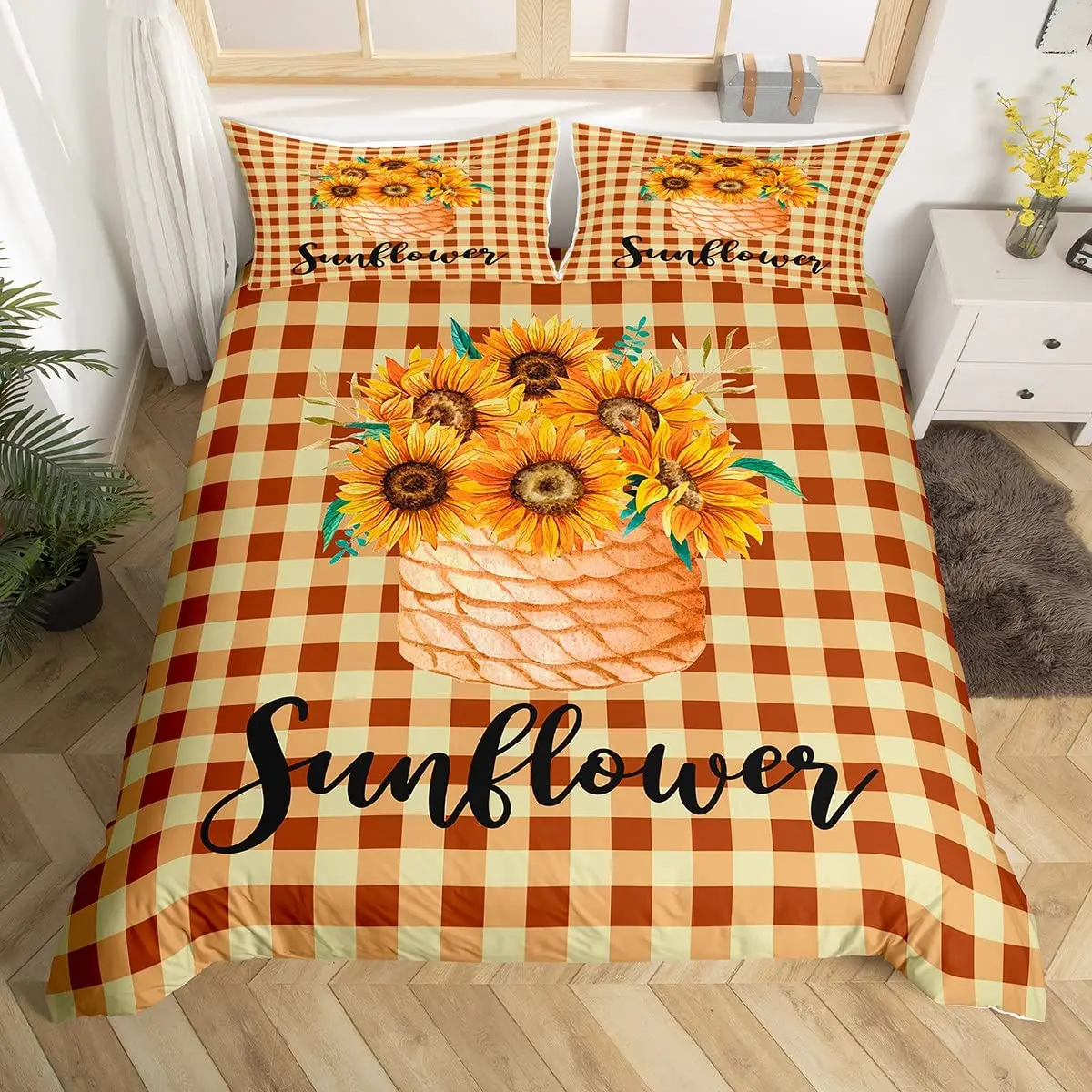 

Yellow Sunflower King Queen Bedding Set Blossom Flowers Duvet Cover Blue Butterfly Floral Quilt Cover Polyester Comforter Cover