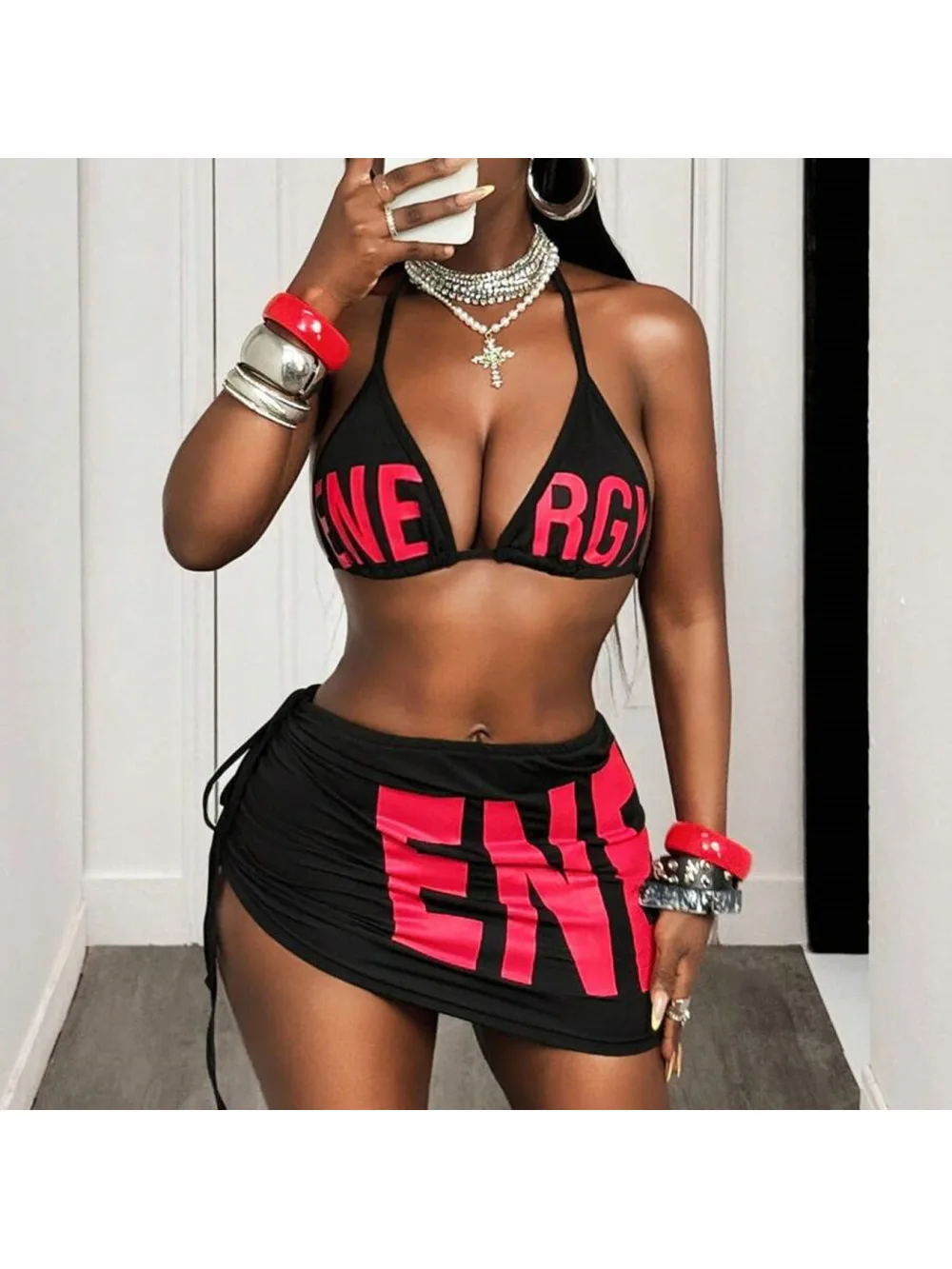 

2026 New Summer Letter Printed Two Piece Set, Hanging Neck Underwear Top, Half body Skirt, Spicy Girl Trendy Leisure Vacation
