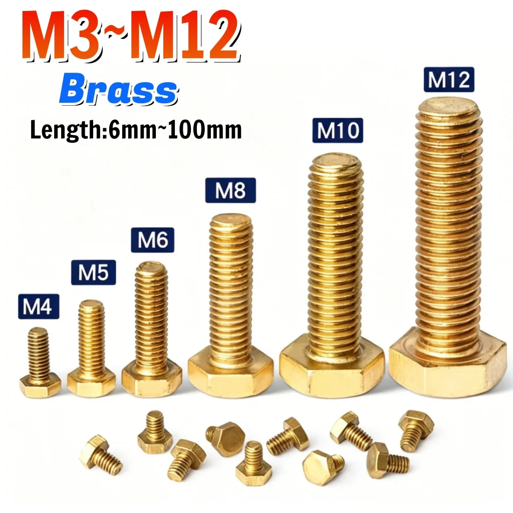 Beicai 1~50pcs Brass Outer Hexagonal Bolt Full Thread Copper External Hex Screw M3 M4 M5 M6 M8 M10 M12 Length 6~100mm