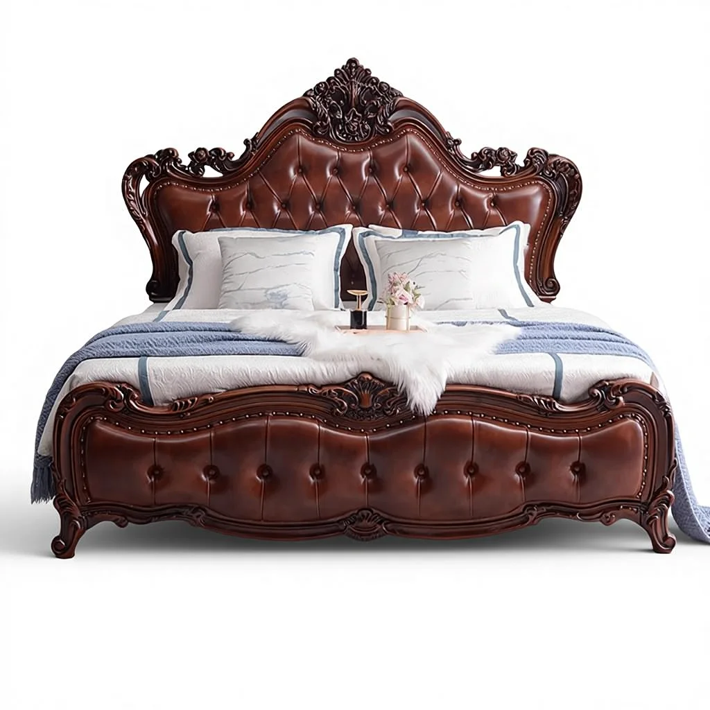 European Style Solid Wood Leather Bed 1.8m Double Size Light Luxury French Carved Comfortable Master Bedroom Wedding Bed