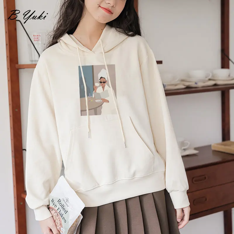 Blessyuki Aesthetic Printed Sweatshirt Women Winter Thick Warm Vintage Cotton Hoodies Female Oversized Casual Harajuku Pulloverd