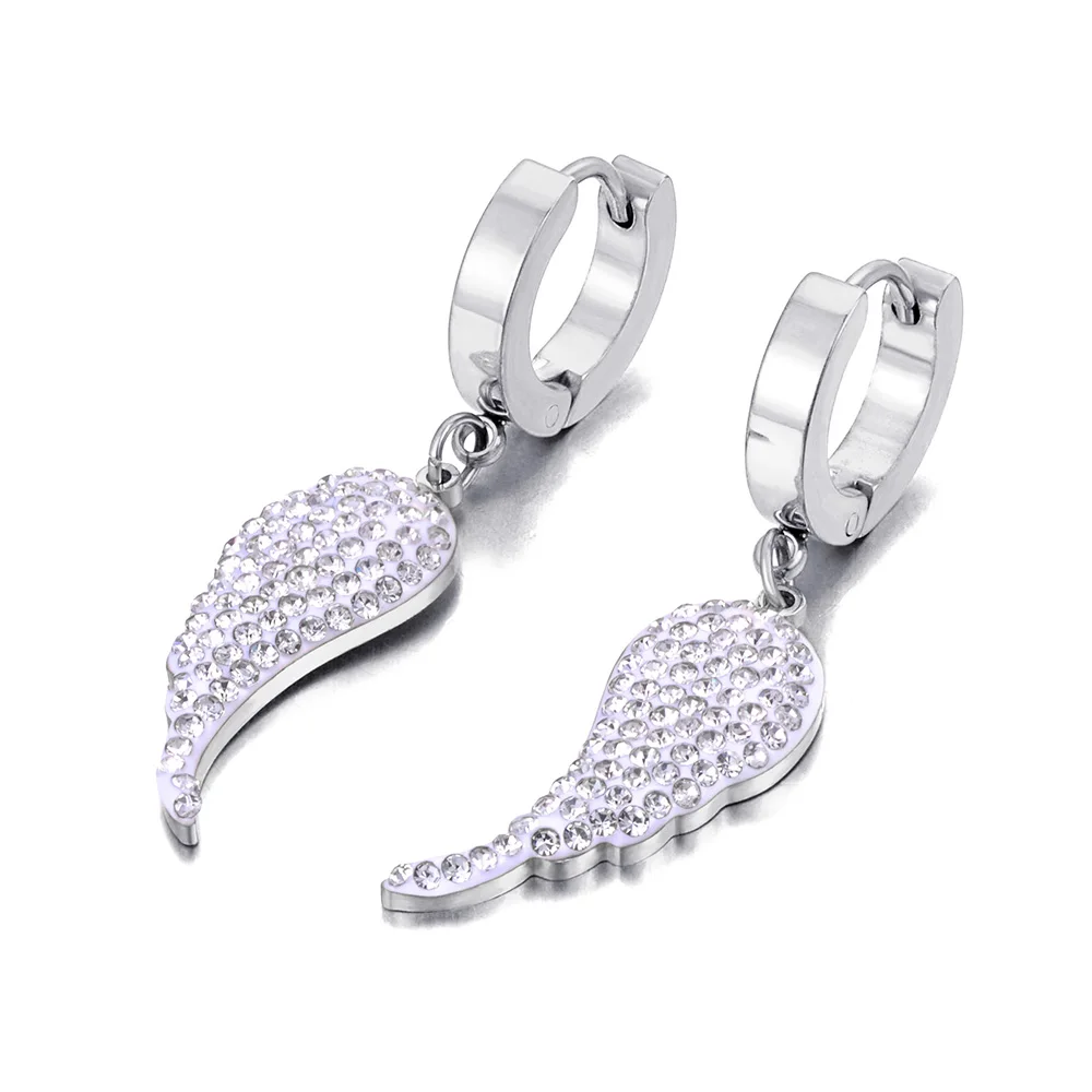 Lokaer White Clay Crystal Angel Wings Hoop Earrings For Women Trendy Stainless Steel Rhinestone Earrings Серьги Женские E23030