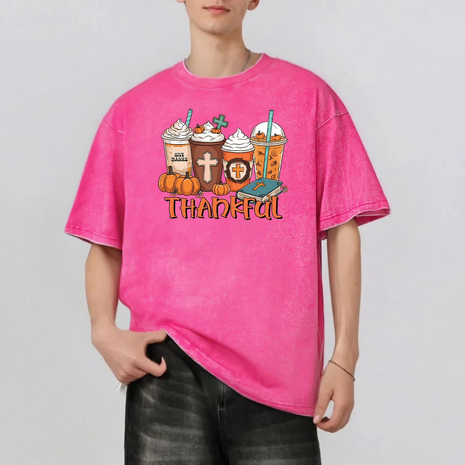 

Thanksgiving Milk Tea Graphic Printing Men's Summer Retro Style Washed Water T-Shirt Casual Short Sleeved Basic Men's Top 230G