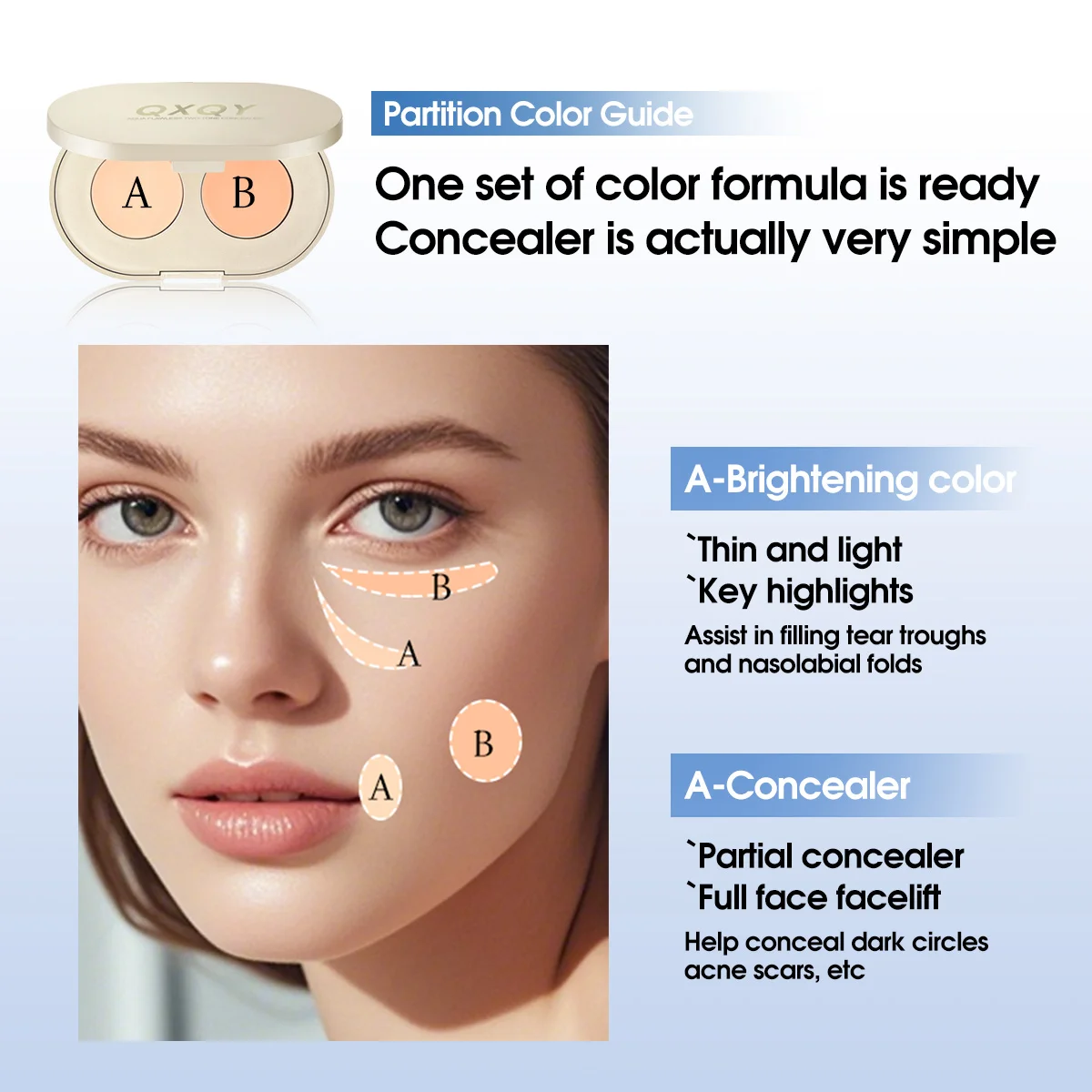 QXQY tweekleurige concealer, licht en dun, bedekt de gebreken, en wijzig de huidskleur concealer